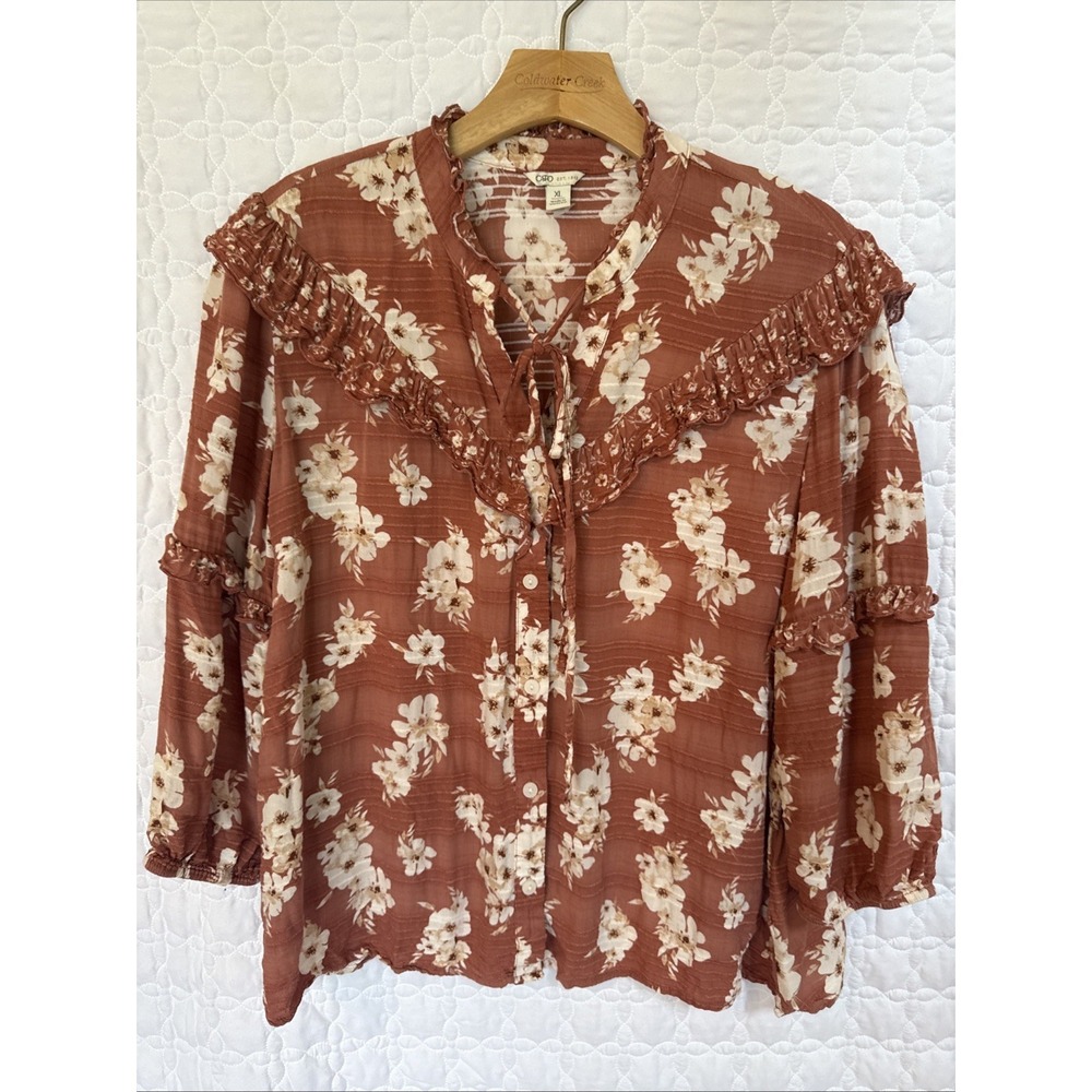 CATO Sz XL‎ Feminine Boho Peasant Pink & Cream Top Sheer Floral Country Chic